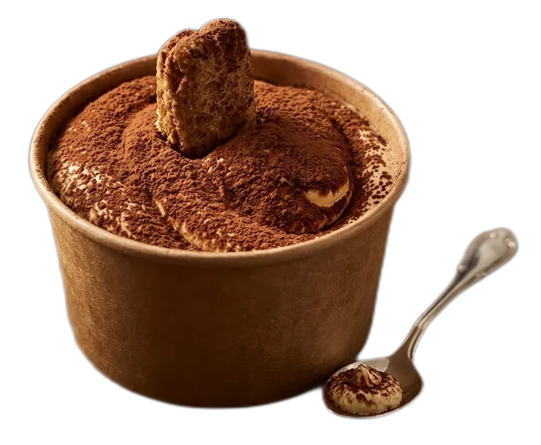 Tiramisù clásico en su tarrina, con cacao y un savoiardo