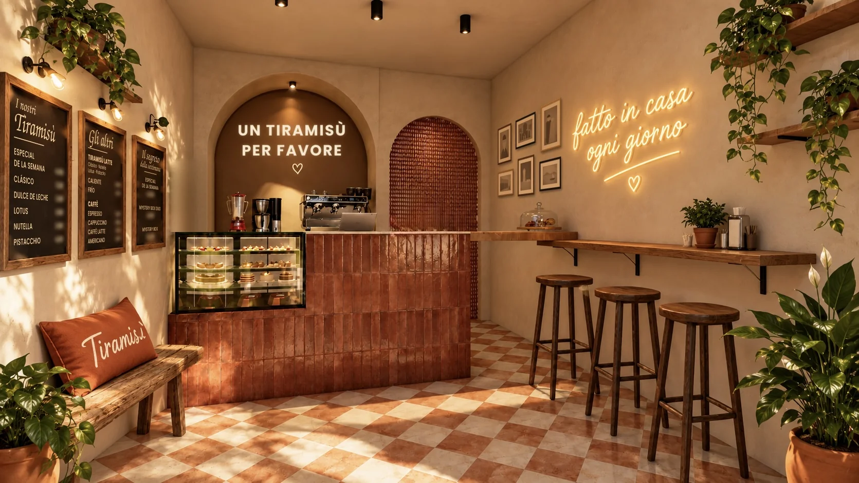Interior del local de TiramiSÌ: mostrador de azulejo terracota con vitrina, hornacina con la frase «Un tiramisù per favore», tres pizarras con el menú, barra de madera con taburetes, banco y un neón que dice «fatto in casa ogni giorno»