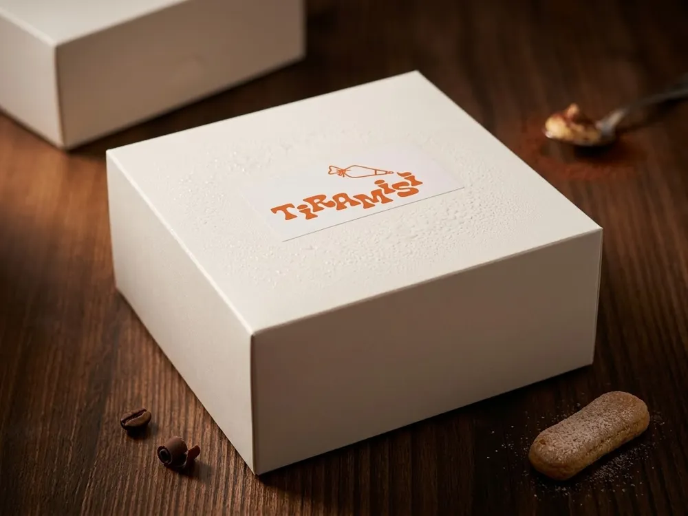 Caja blanca de TiramiSÌ con el logo naranja