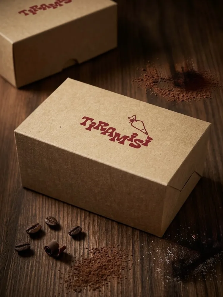 Caja kraft de TiramiSÌ con granos de café alrededor